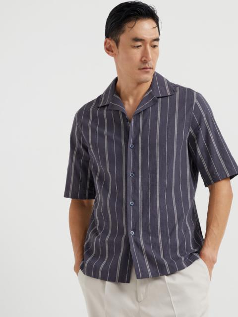 Brunello Cucinelli Textured stripe seersucker easy fit short sleeve shirt with camp collar