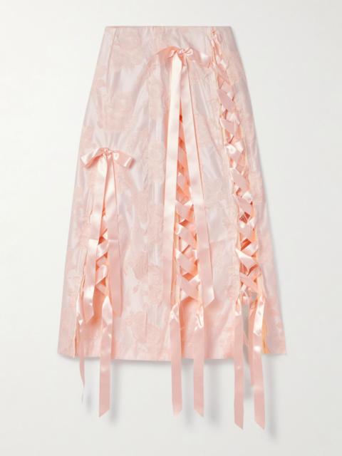 Simone Rocha Unraveling Ribbon lace-up frayed brocade midi skirt Blush