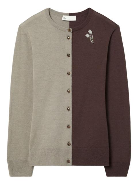 TORY BURCH colourblock brooch wool cardigan