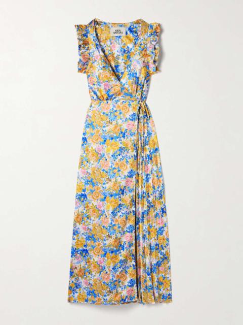 KIKA VARGAS Liana pleated ruffled floral-print satin midi wrap dress Blue