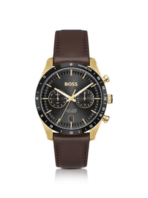 BOSS TOURMASTER GOLD-TONE WATCH WITH BROWN LEATHER STRAP