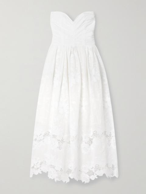 LORETTA CAPONI Desideria Strapless Guipure Lace-trimmed Embroidered Cotton-voile Midi Dress