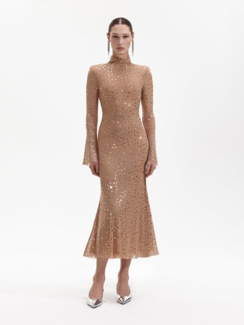 self-portrait Gold Square Rhinestone Mesh Midi Dress