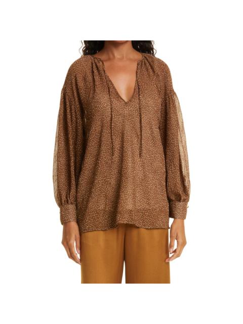 Vince Starry Dot Shirred Split Neck Blouse in Verona at Nordstrom