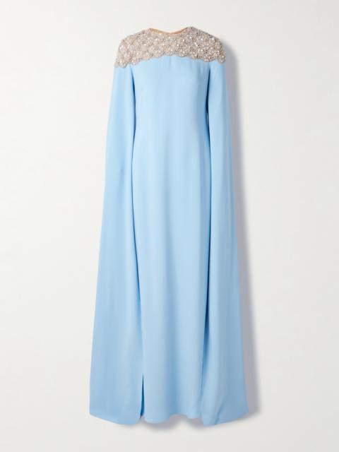 Oscar de la Renta Cape-effect Embellished Tulle-trimmed Silk-blend Georgette Gown