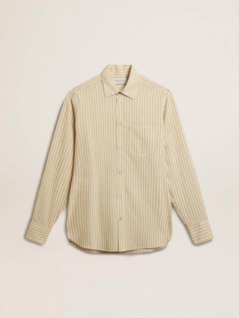 Golden Goose Men’s ecru cotton shirt with narrow black stripes