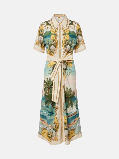 FARM RIO Royal Sea printed linen-blend shirt dress