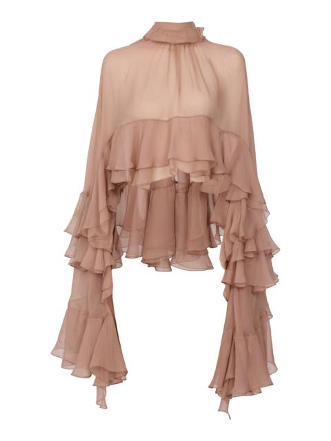 Ruffled High Neck Silk Top light pink