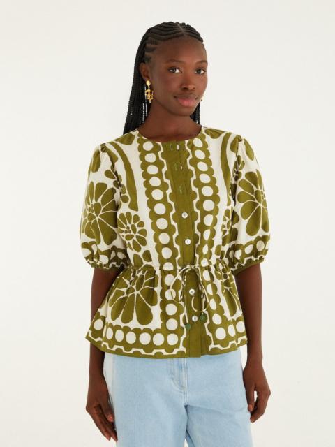 FARM RIO Green Palermo Drawstring Organic Cotton Blouse