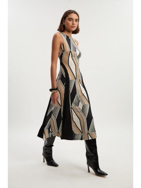 KAREN MILLEN Geo Print Crepe Pleated Maxi Dress