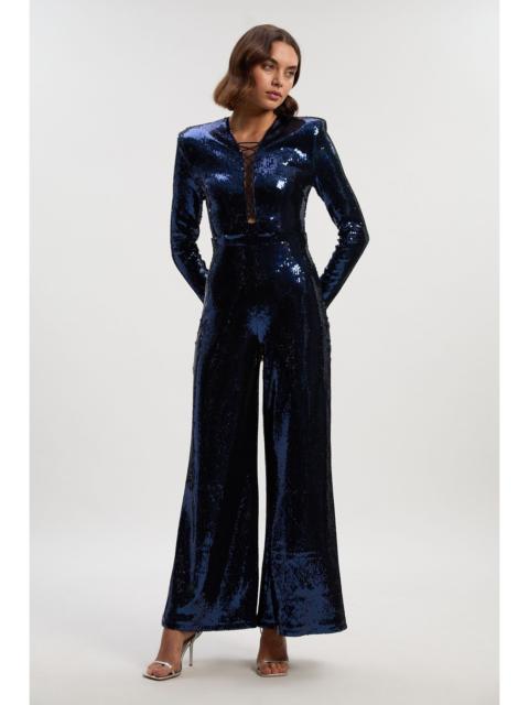 KAREN MILLEN Sequin Power Mesh Lace Up Detail Long Sleeve Jumpsuit