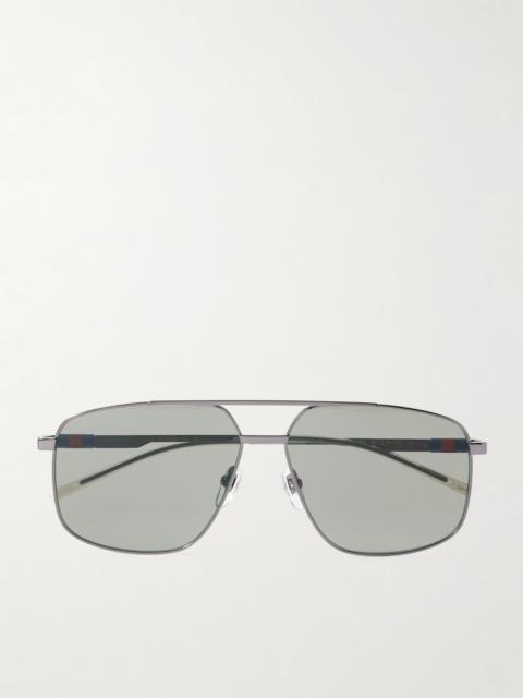 GUCCI Navigator Aviator-Style Logo-Print Gunmetal-Tone Sunglasses Black