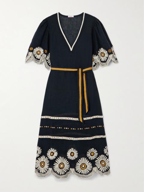 ERES Hortense Belted Scalloped Embroidered Linen Midi Dress