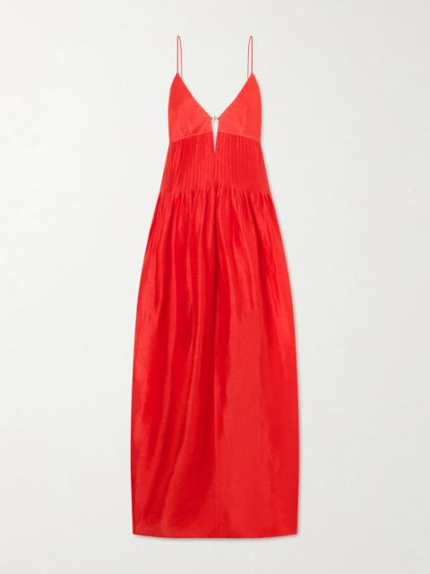 TORY BURCH Embellished pleated linen and silk-blend maxi dress Red
