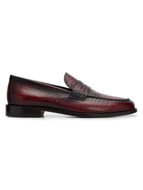 Manolo Blahnik Men's Perry Lizard-Print Leather Penny Loafers - Dark Red