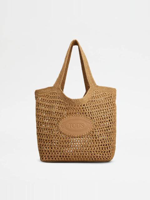 Tod's SHOPPING BAG IN RAFFIA AND LEATHER MEDIUM - BEIGE