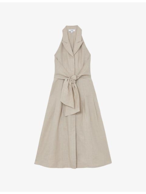REISS Tara Petite Tie-Waist Tailored Linen Midi Dress
