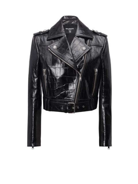 Crocodile-effect leather biker jacket