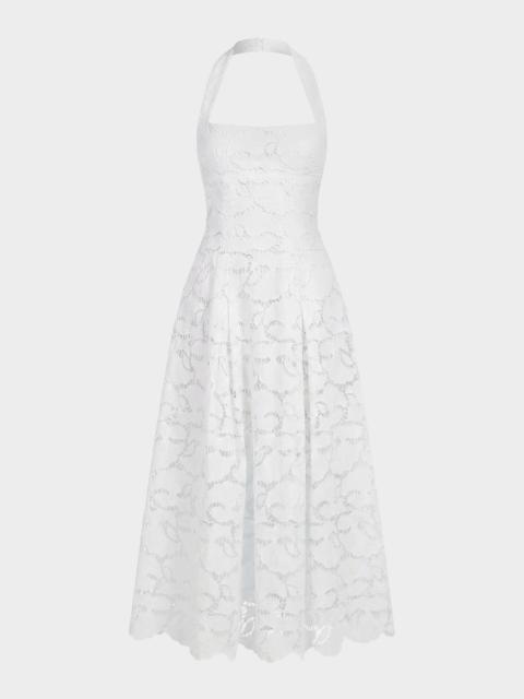 NICHOLAS Elisabeth Pleated Lace Halter Midi Dress