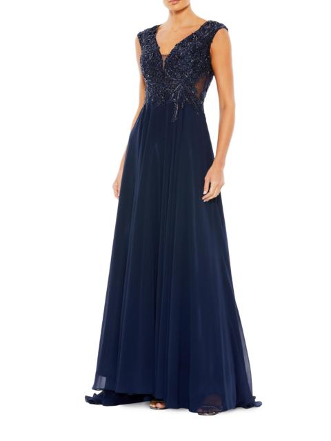MAC DUGGAL Women's Metallic Floral Bead-Embroidered A-Line Gown - Navy