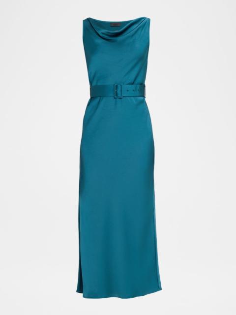 LAPOINTE Cowl-Neck Satin Belted Sleeveless Midi Dress