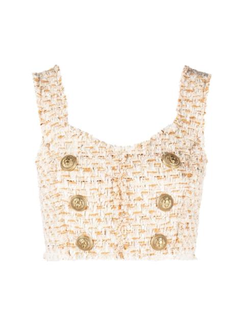 button-embellished tweed cropped top