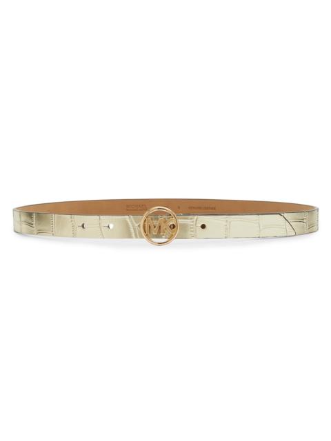 MICHAEL KORS Women's MK Logo Belt Metallic Croc-Embossed Belt - Gold