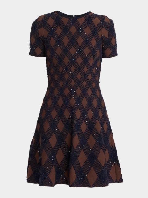 Oscar de la Renta Shimmering Argyle Knit Short-Sleeve Mini Dress