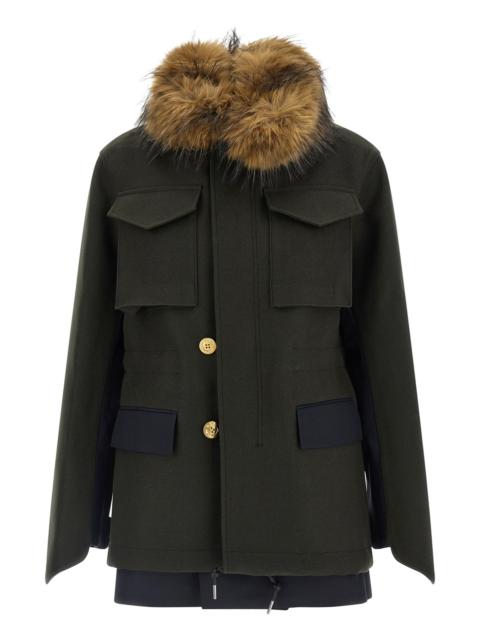 sacai Wool Coat With Fur Insert