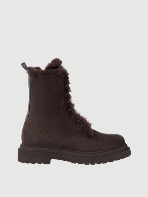 Brunello Cucinelli Suede boots with shearling lining and shiny loop detail