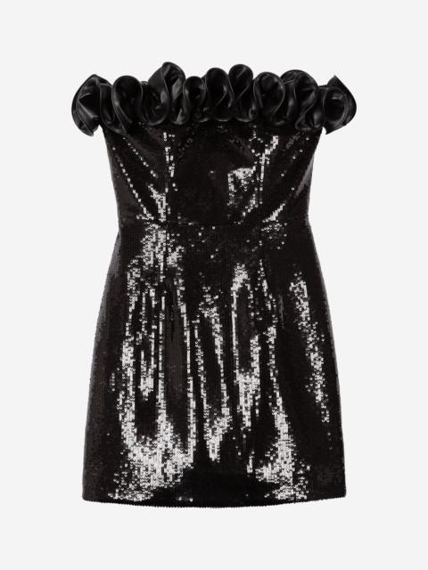 The Kooples SHORT STRAPLESS SEQUIN DRESS WITH LEATHER-EFFECT DETAIL IN BLACK