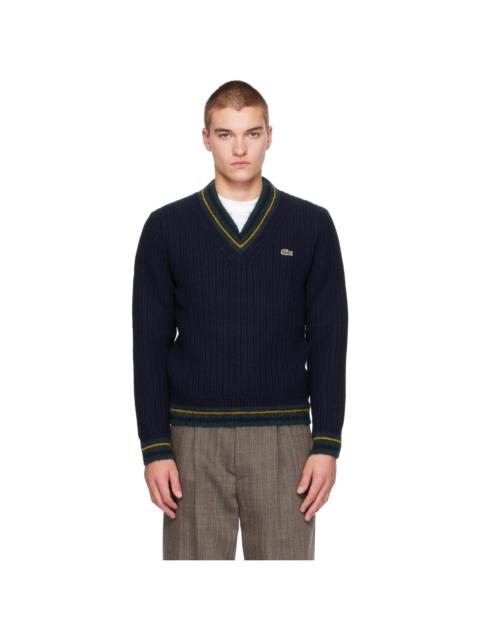 LACOSTE Navy Striped Wool V-Neck Sweater