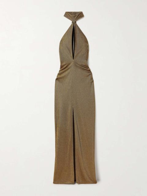 Cutout metallic stretch-knit halterneck gown