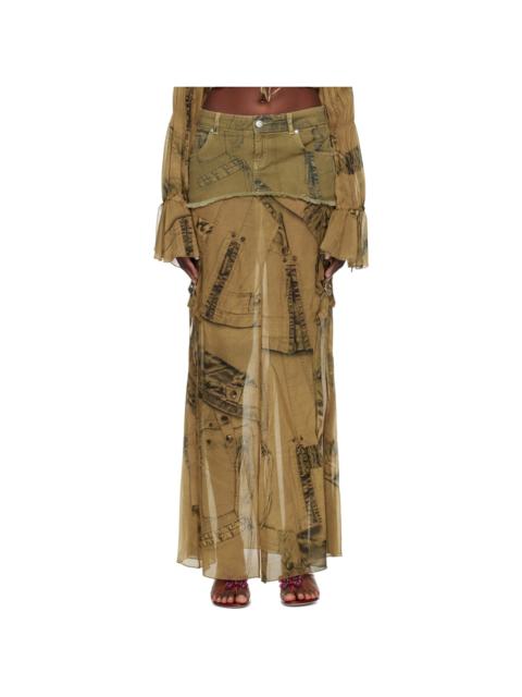 Blumarine Khaki Cargo Denim Maxi Skirt