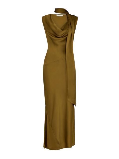 De La Vali Thebe Draped Silk-Blend Maxi Dress olive