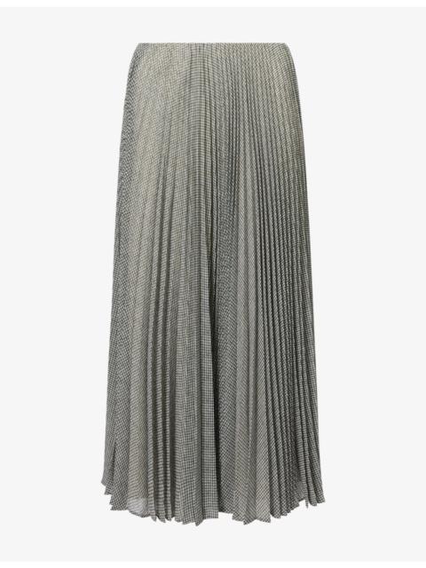 Vince Houndstooth-Print Pleated Woven Midi Skirt