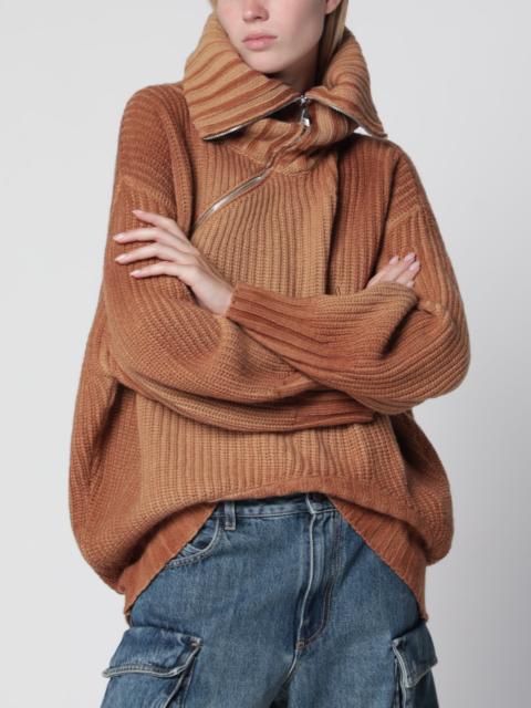 THE ATTICO Camel wool and cashmere sweater with asymmetric zip