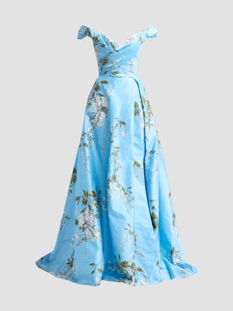 Monique Lhuillier Women's Floral Silk Taffeta Off-the-Shoulder Ballgown - Horizon Blue Multi