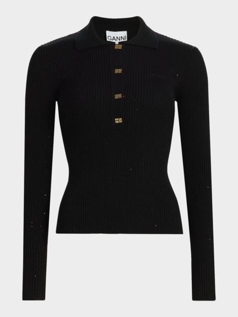 GANNI Fine-Knit Sequin Polo Sweater