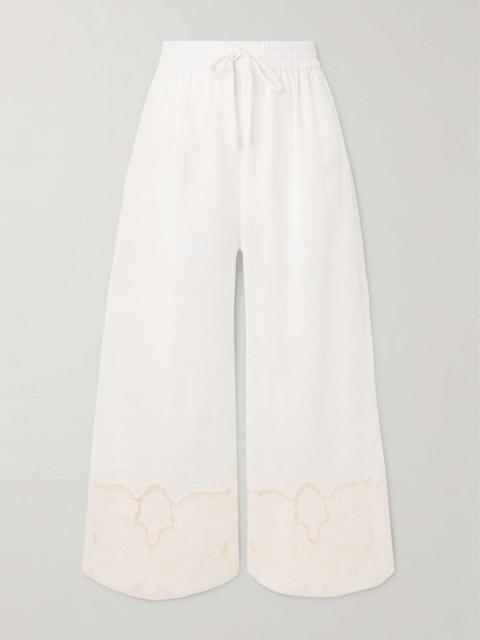 Pegasus cropped embroidered linen wide-leg pants