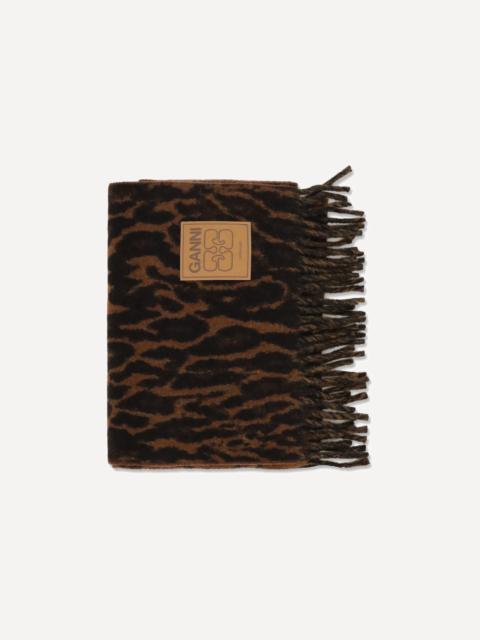 GANNI Leopard print wool Scarf with logo and fringes