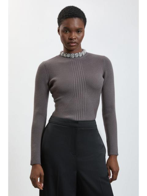 KAREN MILLEN Crystal Neck Trim Viscose Ribbed Jumper With Peplum Detail