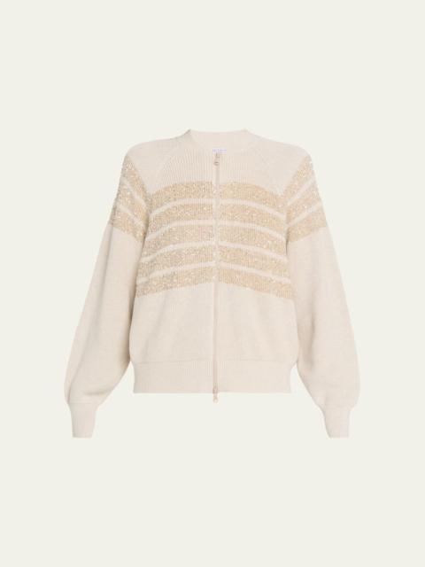 Brunello Cucinelli Sequin Striped Cotton Knit Zip-Up Cardigan