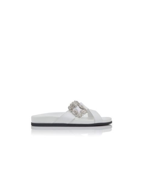 Manolo Blahnik White Calf Leather Jewel Buckle Flat Mules