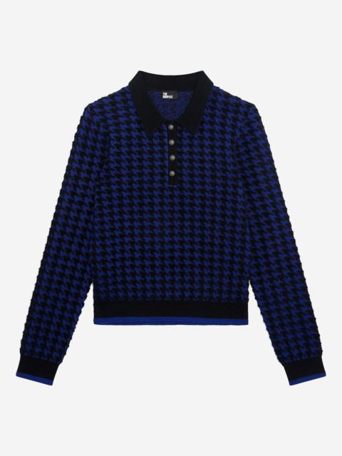 The Kooples BLUE WOOL BLEND HOUNDSTOOTH POLO NECK SWEATER