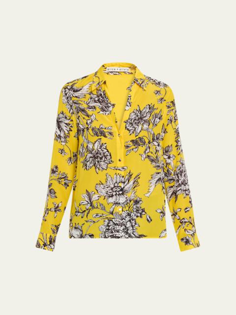 Alice + Olivia Eloise Blooming Wild Golden Button-Front Silk Blouse