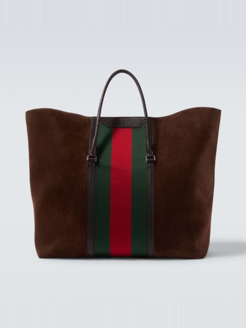 GUCCI Web Stripe suede tote bag