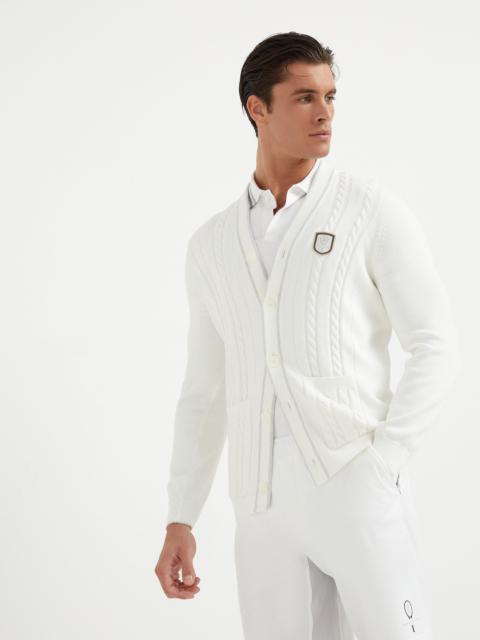 Cotton cable knit cardigan with tennis badge