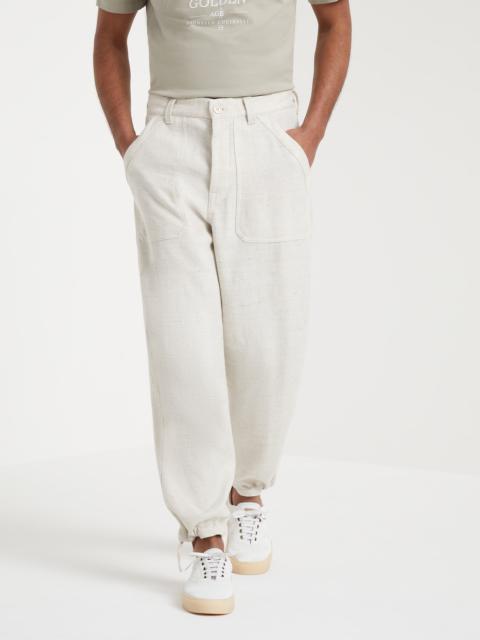 Linen, silk, virgin wool and cotton chevron relaxed fit trousers with patch pockets and drawstring