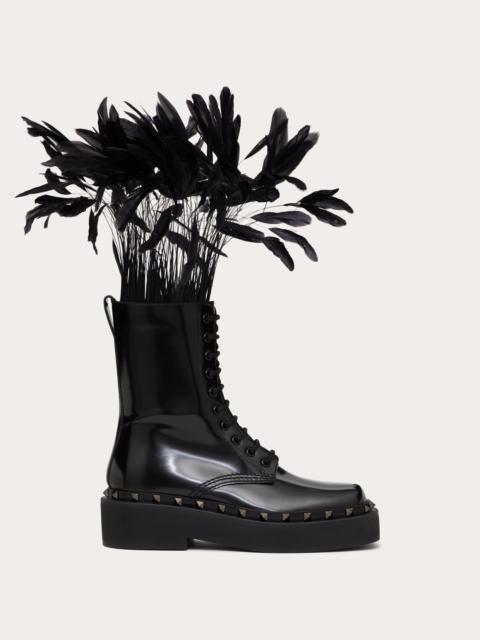 Valentino ROCKSTUD M-WAY COMBAT BOOT IN CALFSKIN WITH FEATHERS 50MM